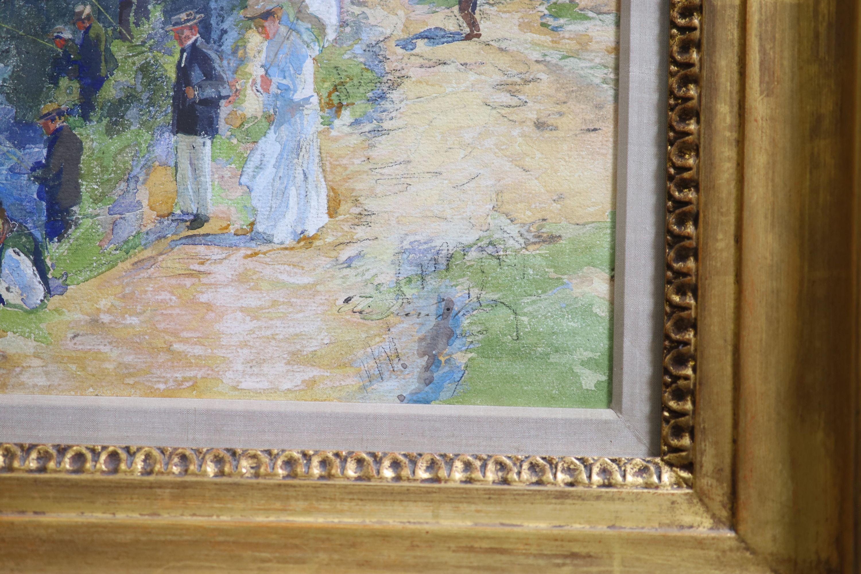 Elie Anatole Pavil (Ukrainian, 1873-1948), Figures on a river bank in summer, Watercolour, 29 x 46cm.